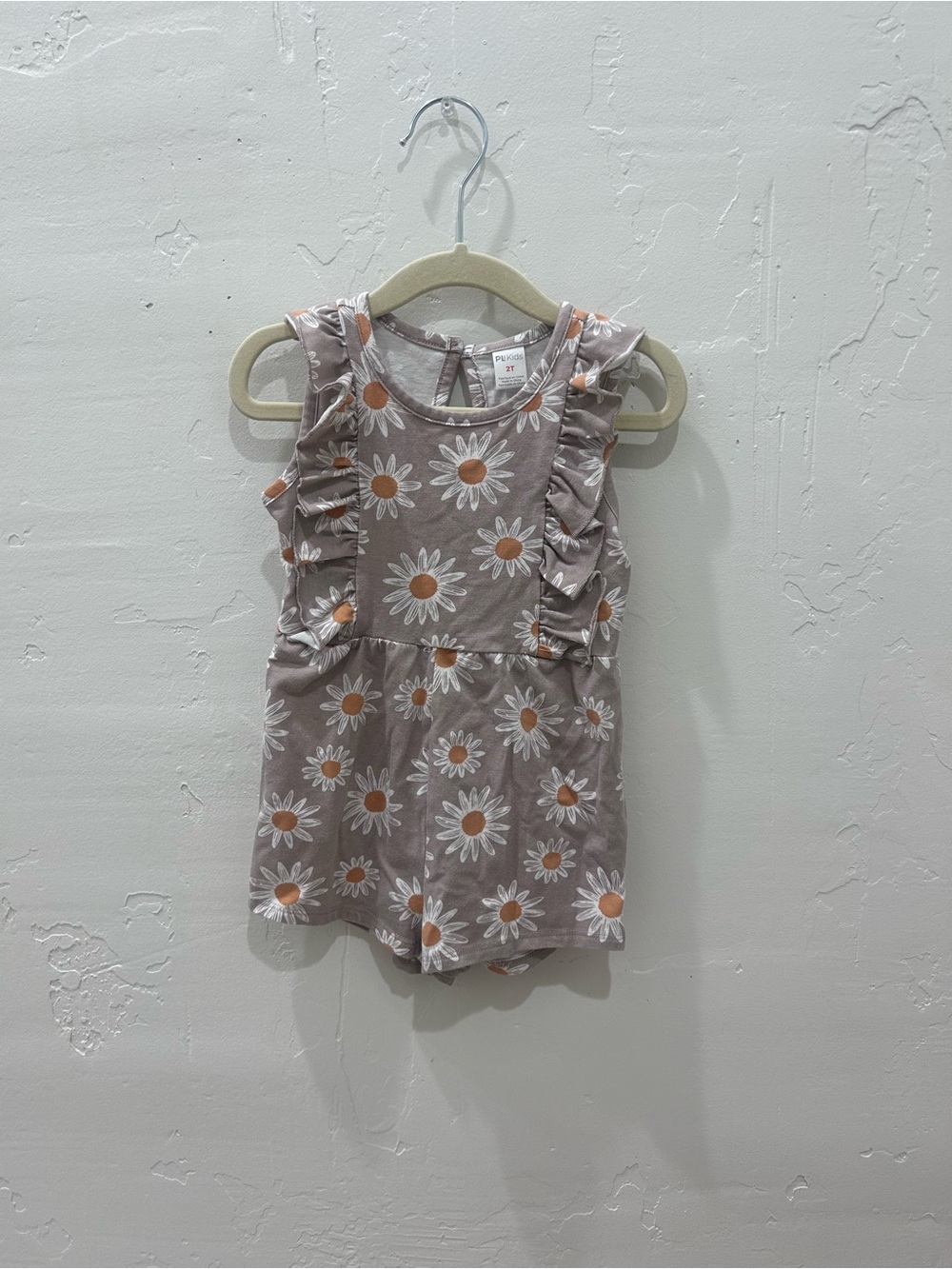 Girls' 2T Daisy Print Ruffle Romper - Taupe